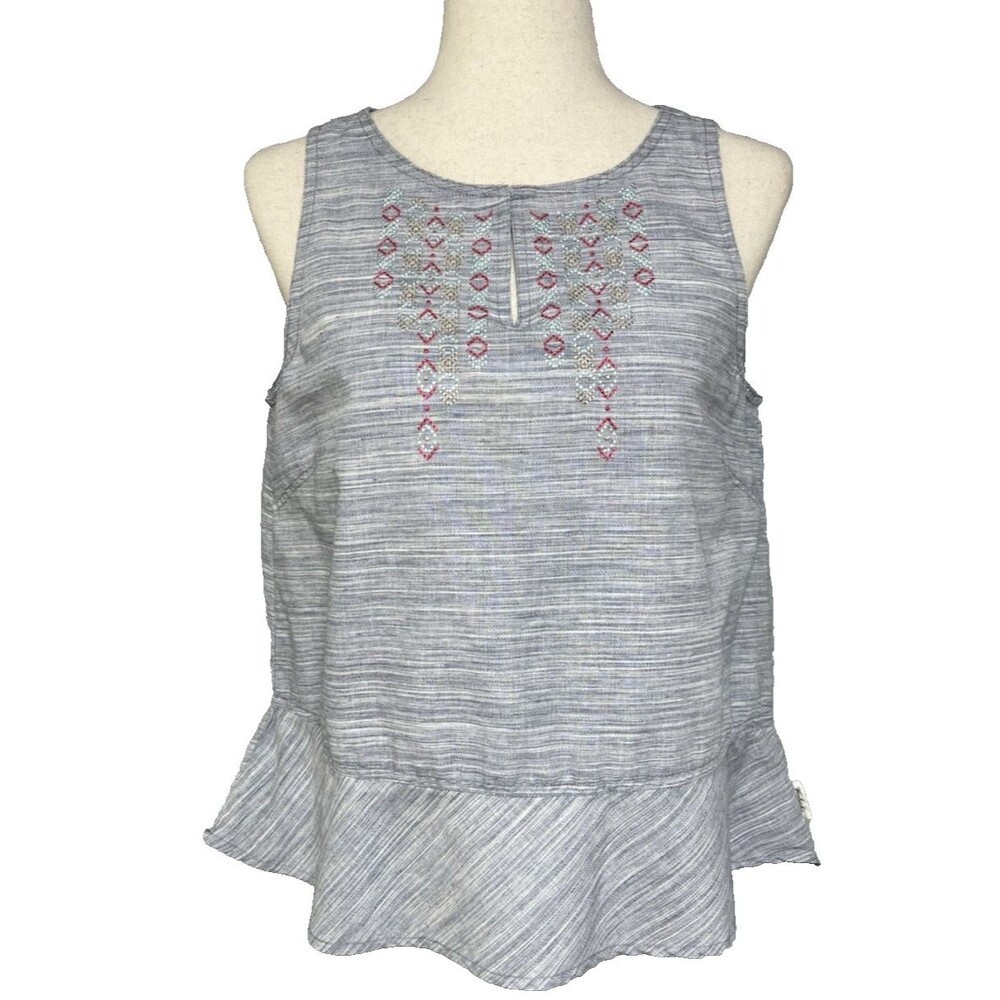 Woolrich Blueish Gray White Embroidered Sleeveless Peplum Summer Top sz M travel